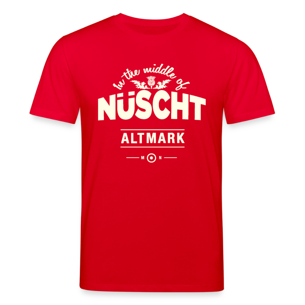 Nüscht als ein T-Shirt mit hellem Logo (Stanley/Stella, Unisex, Bio, nachhaltig) - Rot
