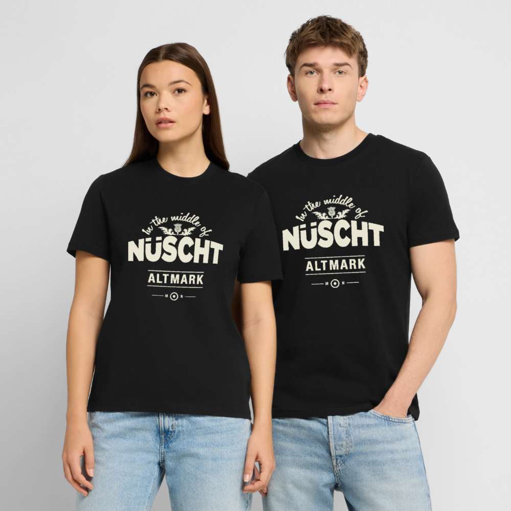 Nüscht als ein T-Shirt mit hellem Logo  (Stanley/Stella, Unisex, Bio, nachhaltig) - Schwarz