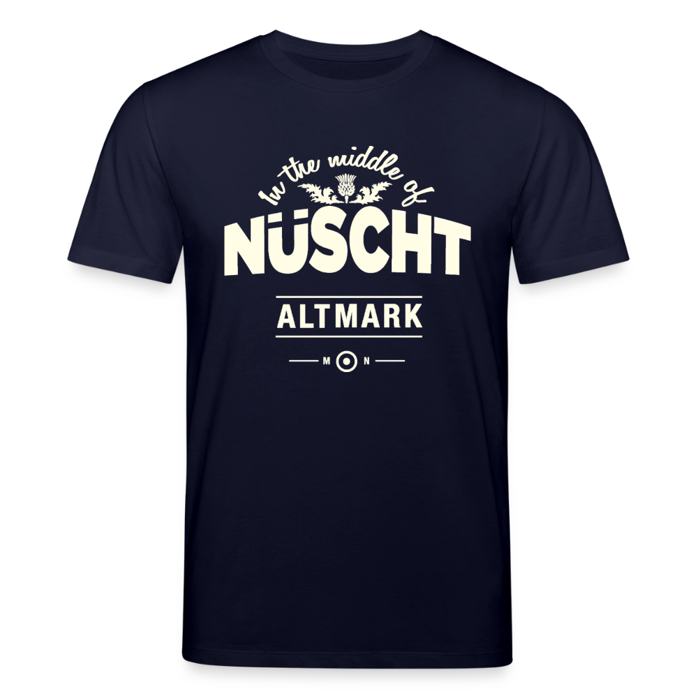 Nüscht als ein T-Shirt mit hellem Logo  (Stanley/Stella, Unisex, Bio, nachhaltig) - Navy