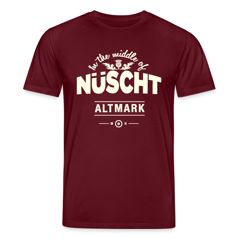Nüscht als ein T-Shirt mit hellem Logo  (Stanley/Stella, Unisex, Bio, nachhaltig) - Burgunderrot