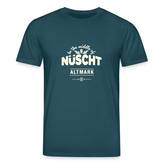 Nüscht als ein T-Shirt mit hellem Logo  (Stanley/Stella, Unisex, Bio, nachhaltig) - Dunkles Petrol