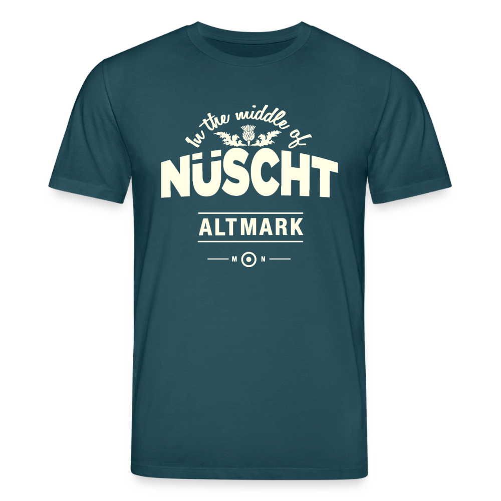 Nüscht als ein T-Shirt mit hellem Logo  (Stanley/Stella, Unisex, Bio, nachhaltig) - Dunkles Petrol