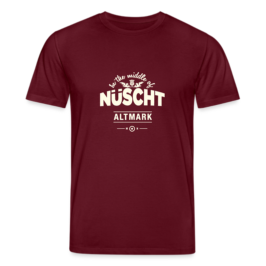 Nüscht als ein T-Shirt mit hellem Logo  (Stanley/Stella, Unisex, Bio, nachhaltig) - Burgunderrot