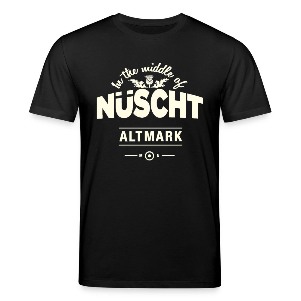 Nüscht als ein T-Shirt mit hellem Logo  (Stanley/Stella, Unisex, Bio, nachhaltig) - Schwarz